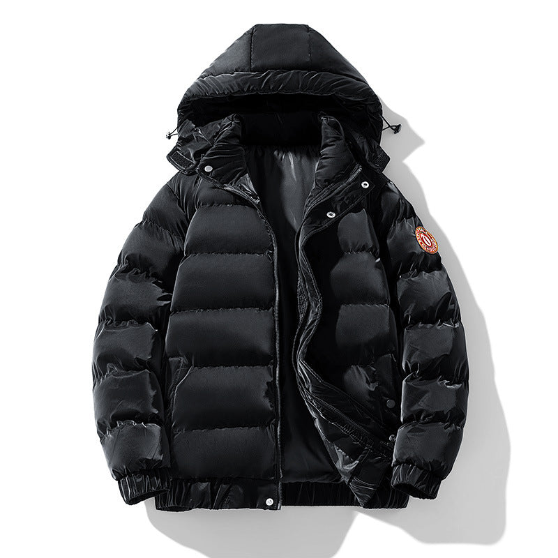 Solid-color Hooded Cotton-padded Coat Mens Puffer Jacket Velcro Straps
