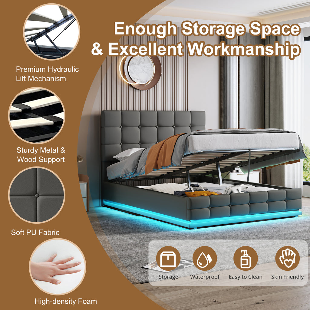 Ottoman Double Bed With LED Lighting, PU Leather Upholstered Bed With Hydraulic Storage, 4ft6 Double Bed Frame With Adjustable Button Tufted Headboard, No Box Spring Needed, Grey  No Mattress