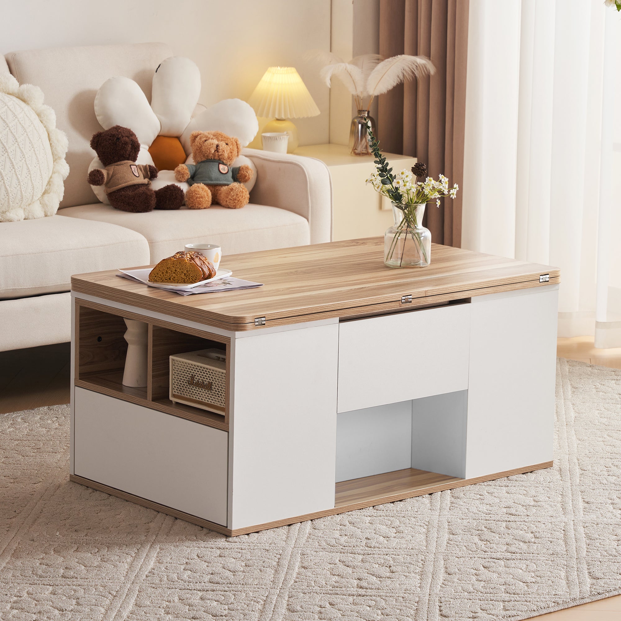 326450455WAANEW  White & Oak Coffee Table With Storage, Lift Up Coffee Table For Living Room, Coffee Table With 2 Drawers Lift-Top Sofa End Tea Tables For Living Room Furniture