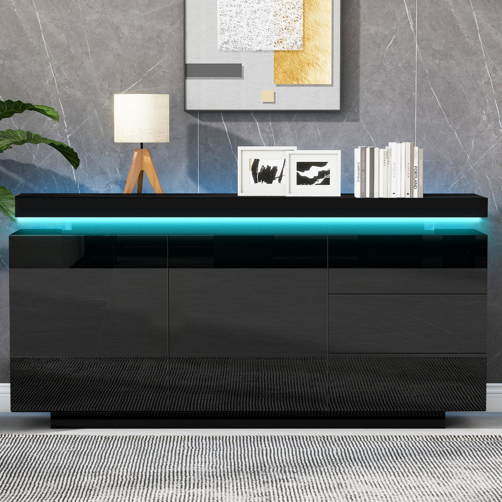 Sideboard With LED Lights, Side Cabinet Standing Cabinet Chest Of Drawers Highboard Sideboard With 2 Doors & 3 Drawers, High Gloss Sideboard For Living Room Dining Room, Black