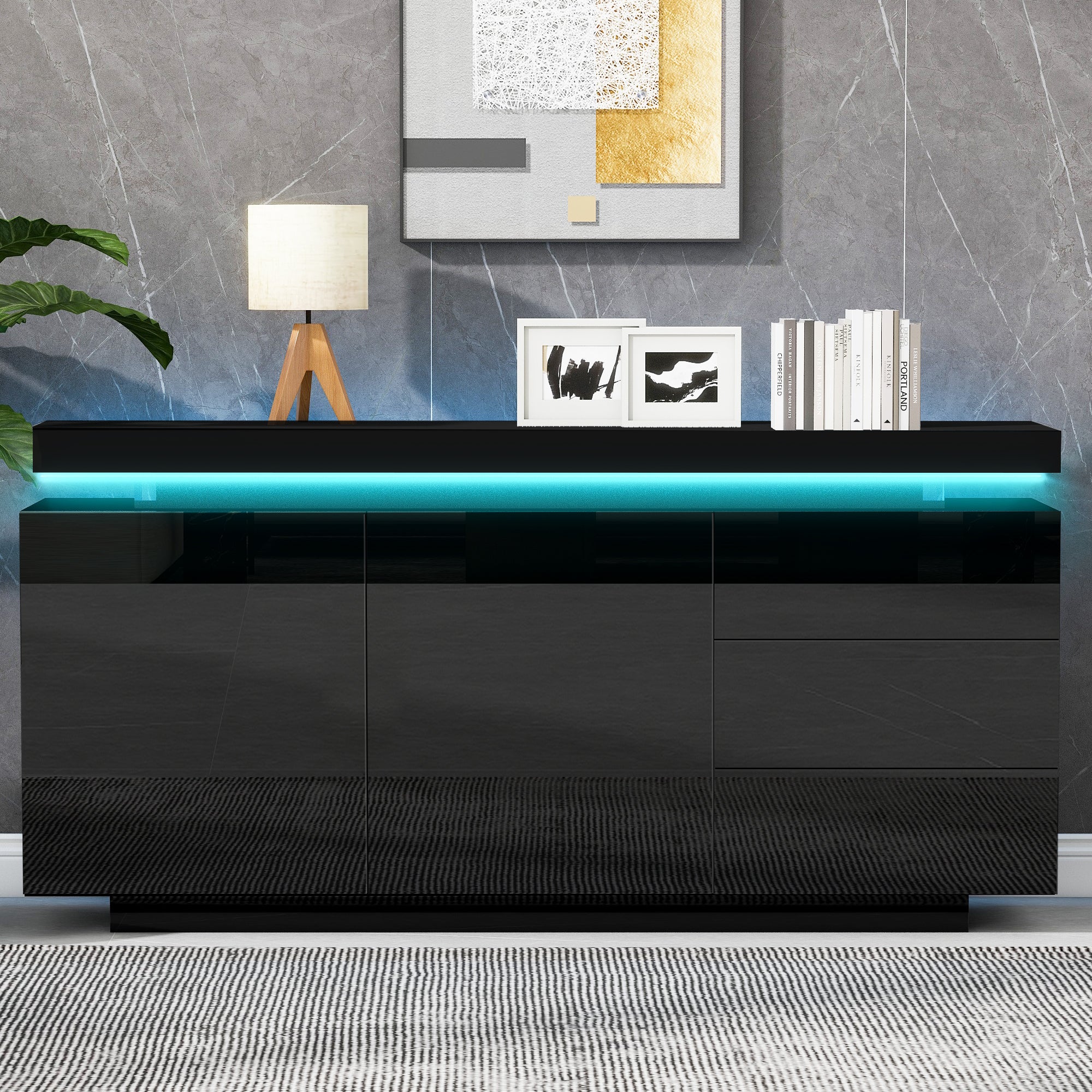 Sideboard With LED Lights, Side Cabinet Standing Cabinet Chest Of Drawers Highboard Sideboard With 2 Doors & 3 Drawers, High Gloss Sideboard For Living Room Dining Room, Black