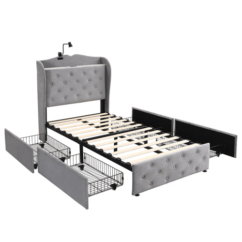 Upholstered Bed, Storage Bed, 3FT Bed 90x190cm, With 4 Drawers And Lamp, 3 USB Port 1 Type C, Durable And Sturdy, Youth Bed, For Adults  Teenagers, Velvet, Grey