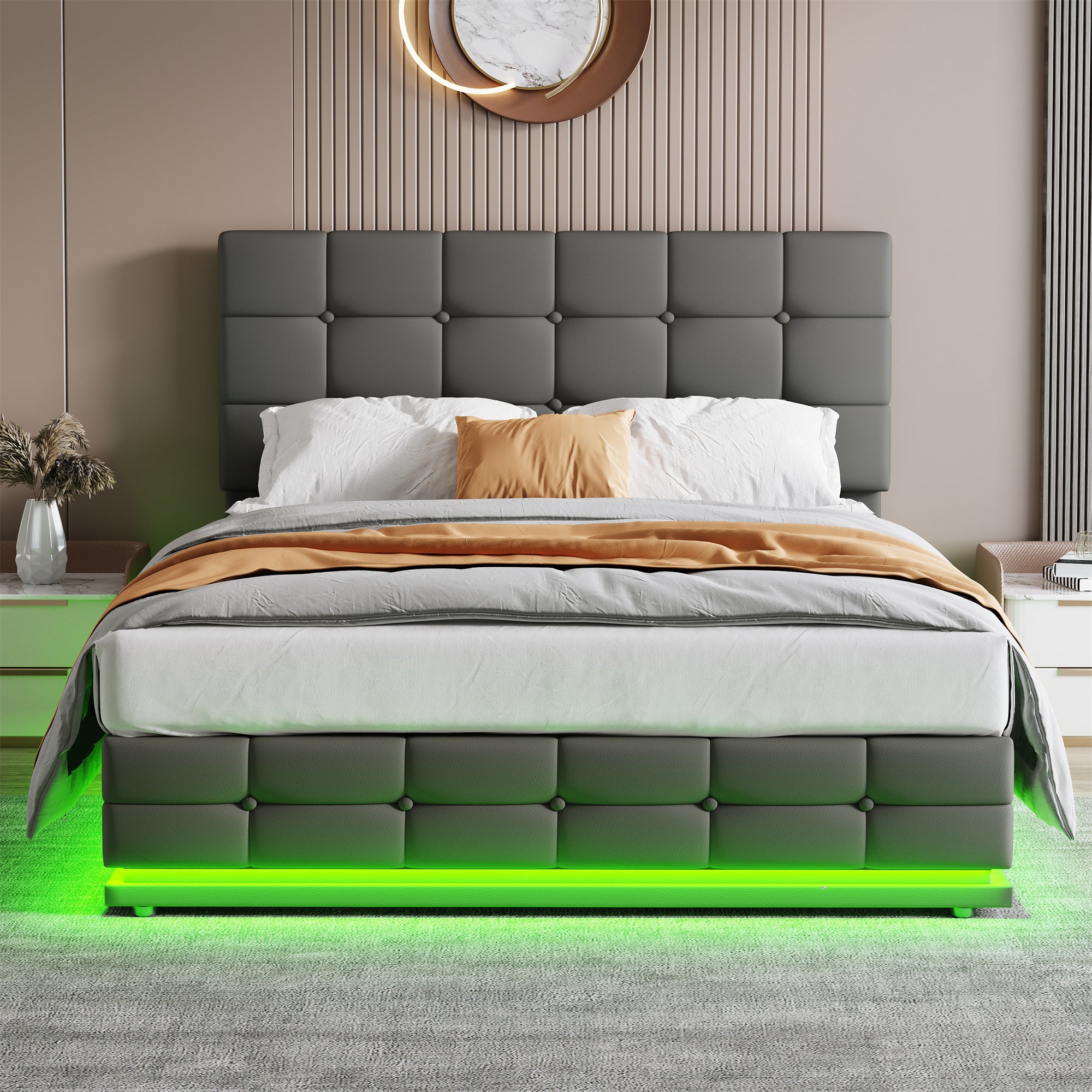 Ottoman Double Bed With LED Lighting, PU Leather Upholstered Bed With Hydraulic Storage, 4ft6 Double Bed Frame With Adjustable Button Tufted Headboard, No Box Spring Needed, Grey  No Mattress