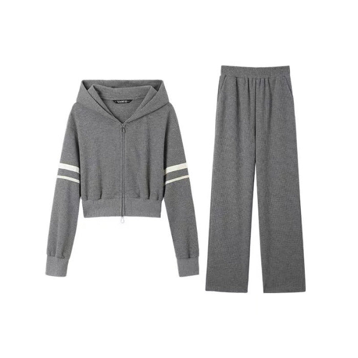 Waffle-knit Hooded Cardigan And Sweatshirt Set For Women