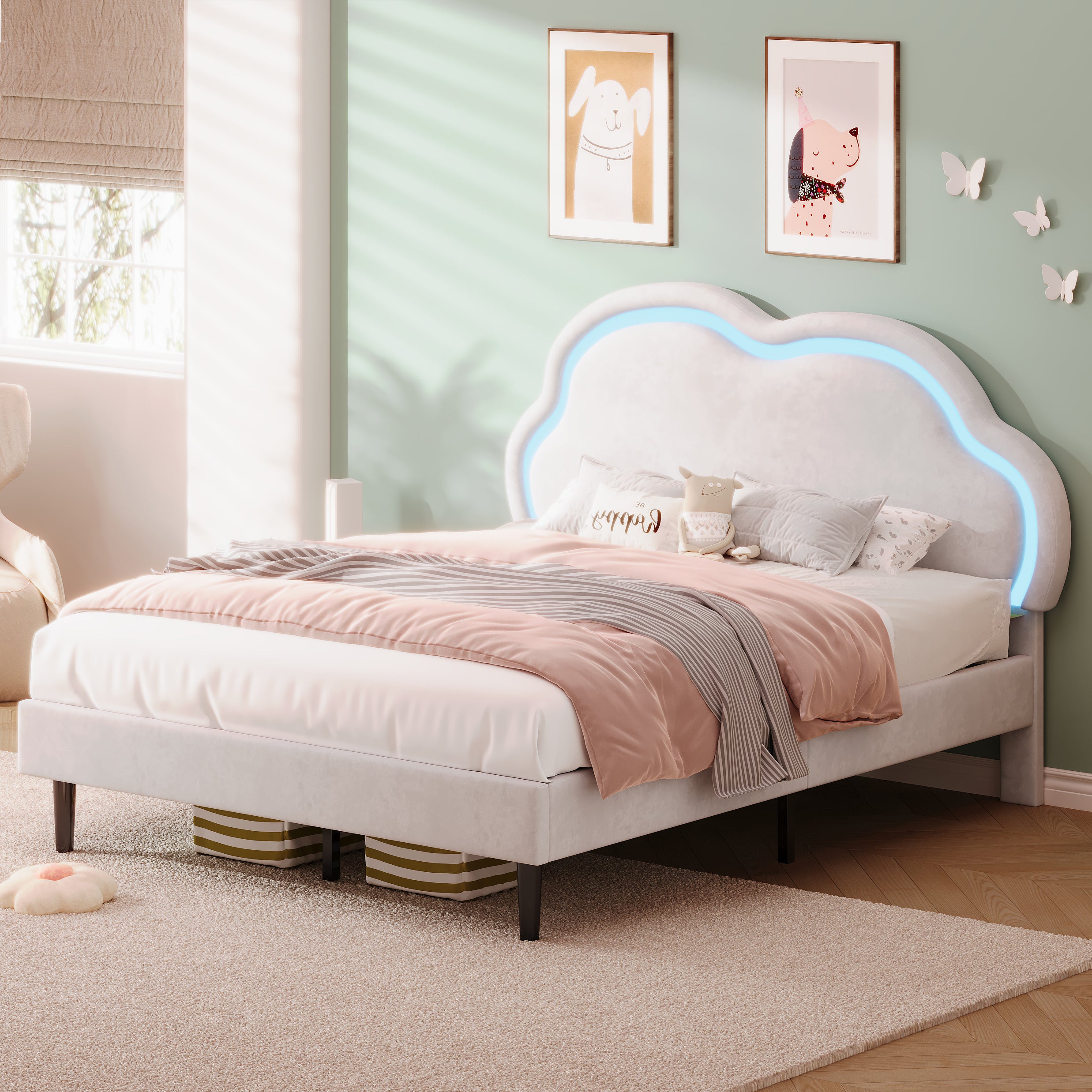4ft6 Double Upholstered Bed With LED Adjustable Cute Cloud Headboard, Soft Velvet Bed Frame With Solid Wood Slat, No Box Spring Needed, Easy Assembly, Cream White  No Mattress