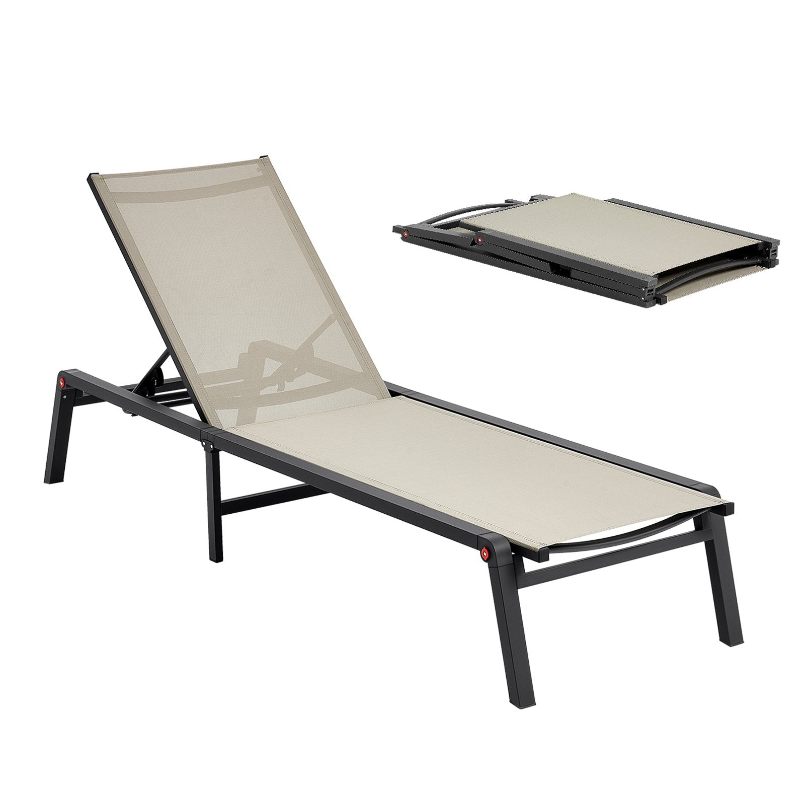 Outdoor Chaise Lounge Chair, 400 Lbs Weight Capacity, Foldable Sun Tanning Chair, 5 Adjustable Positions, Easy Assembly, Heavy Duty Aluminum Pool Recliner Lounge Chairs, For Beach Yard Patio