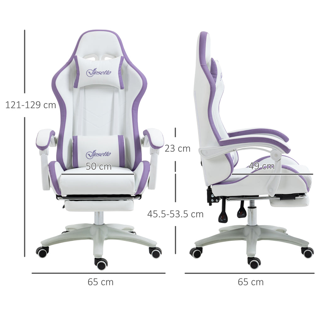 Vinsetto Computer Gaming Chair, PU Leather Office Desk Chair With Footrest, Swivel Wheels, 135° Reclining Back, Lumbar Support, Headrest For Home, White And Purple