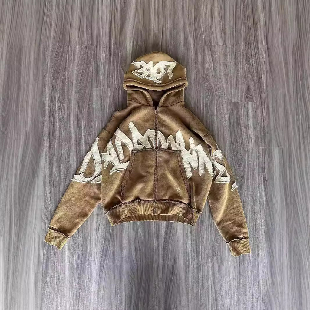 Hooded 3D Letter Print Loose Zip-Up Hoodie