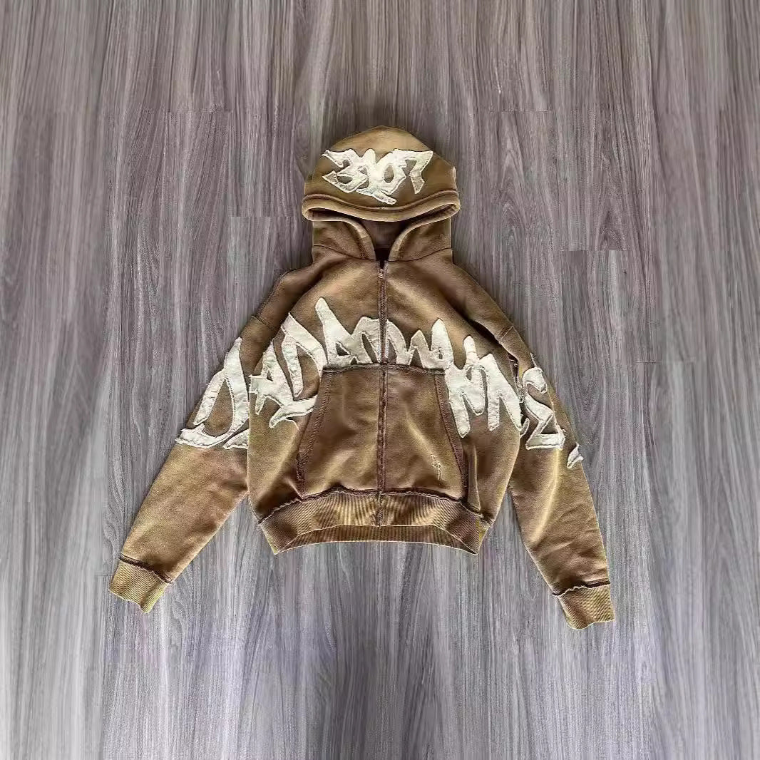 Hooded 3D Letter Print Loose Zip-Up Hoodie