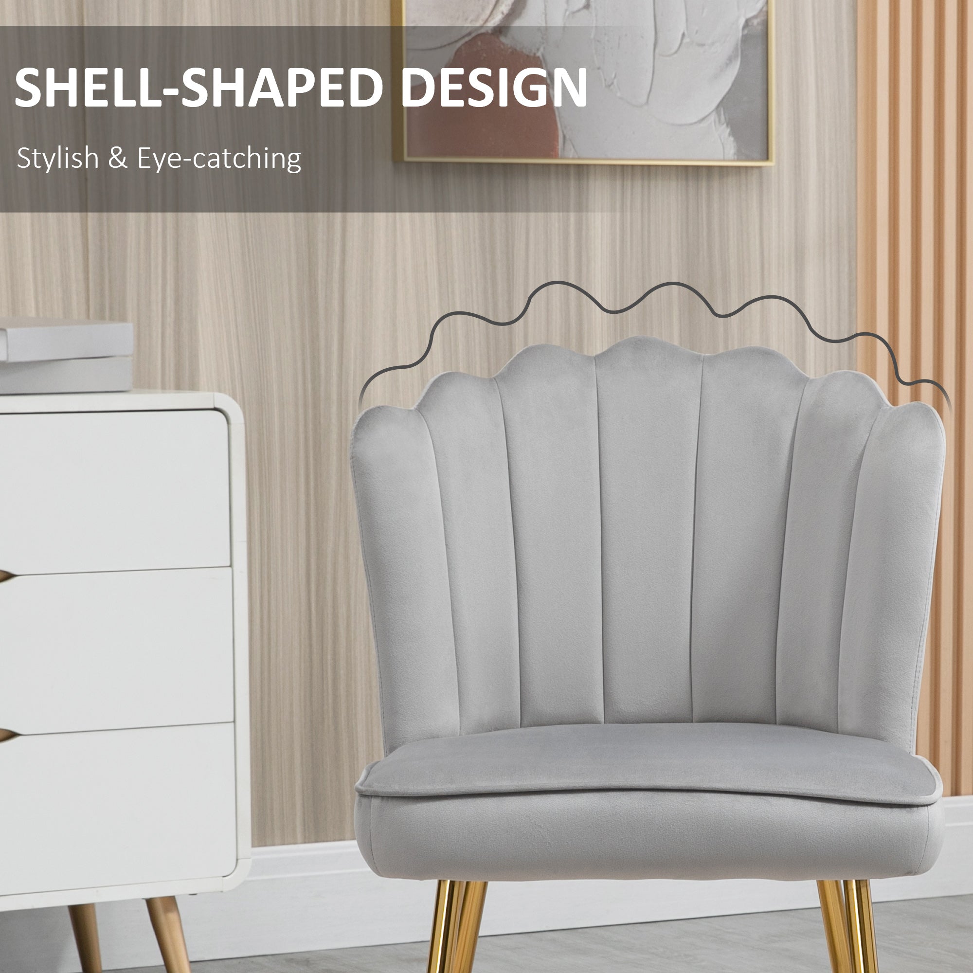 Shell Dining Chairs Set Of 2, Upholstered Kitchen Chairs With Gold Metal Legs And Backrest, Velvet Fabric Lounge Leisure Chairs For Living Room, Reception Room, Grey