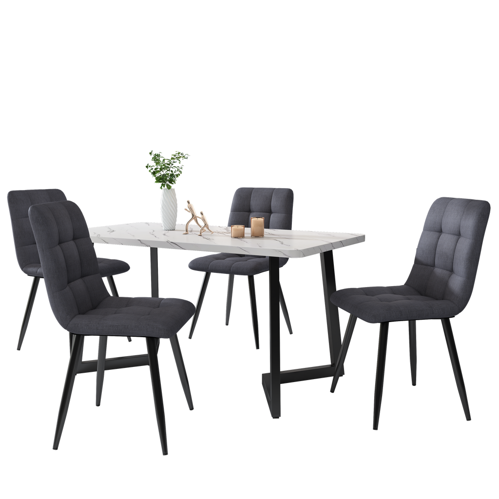 117x68cm Dining Table With 4 Chairs Set, Rectangular Dining Table Modern Kitchen Table Set,Dark Grey Linen Dining Chair,Black Table Legs