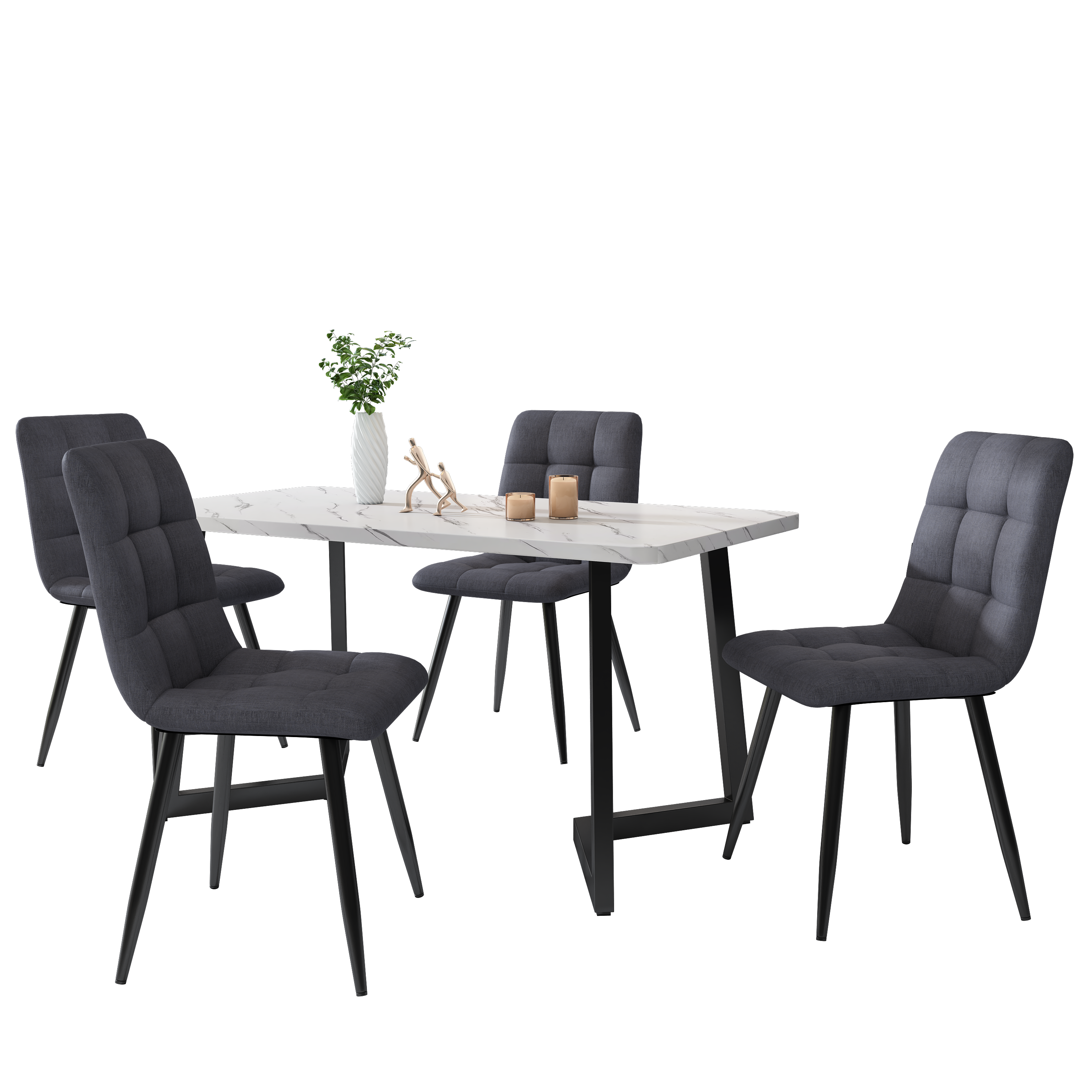 117x68cm Dining Table With 4 Chairs Set, Rectangular Dining Table Modern Kitchen Table Set,Dark Grey Linen Dining Chair,Black Table Legs