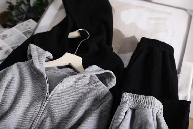 Waffle-knit Hooded Cardigan And Sweatshirt Set For Women