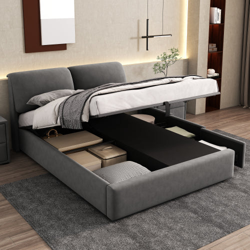 Upholstered Bed,Double Bed-4ft6  135x190cm  Hydraulic Bed, Three Drawers, Bed Box For Storage, Slatted Frame With Headboard, Without Mattress, Velvet, Grey
