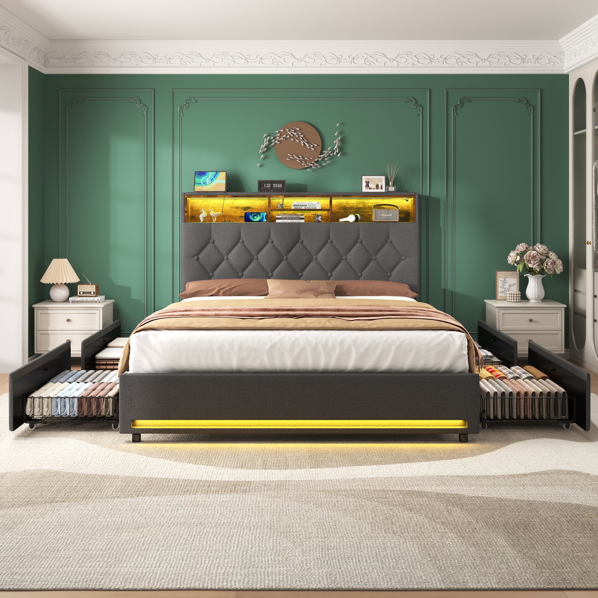 4ft6 Double Bed With 4 Storage Drawers, Bed Frame With Concealed Headboard Storage, Button Tufted Headboard With RGB LED Lighting And Charging Station, Linen, Grey No Mattress