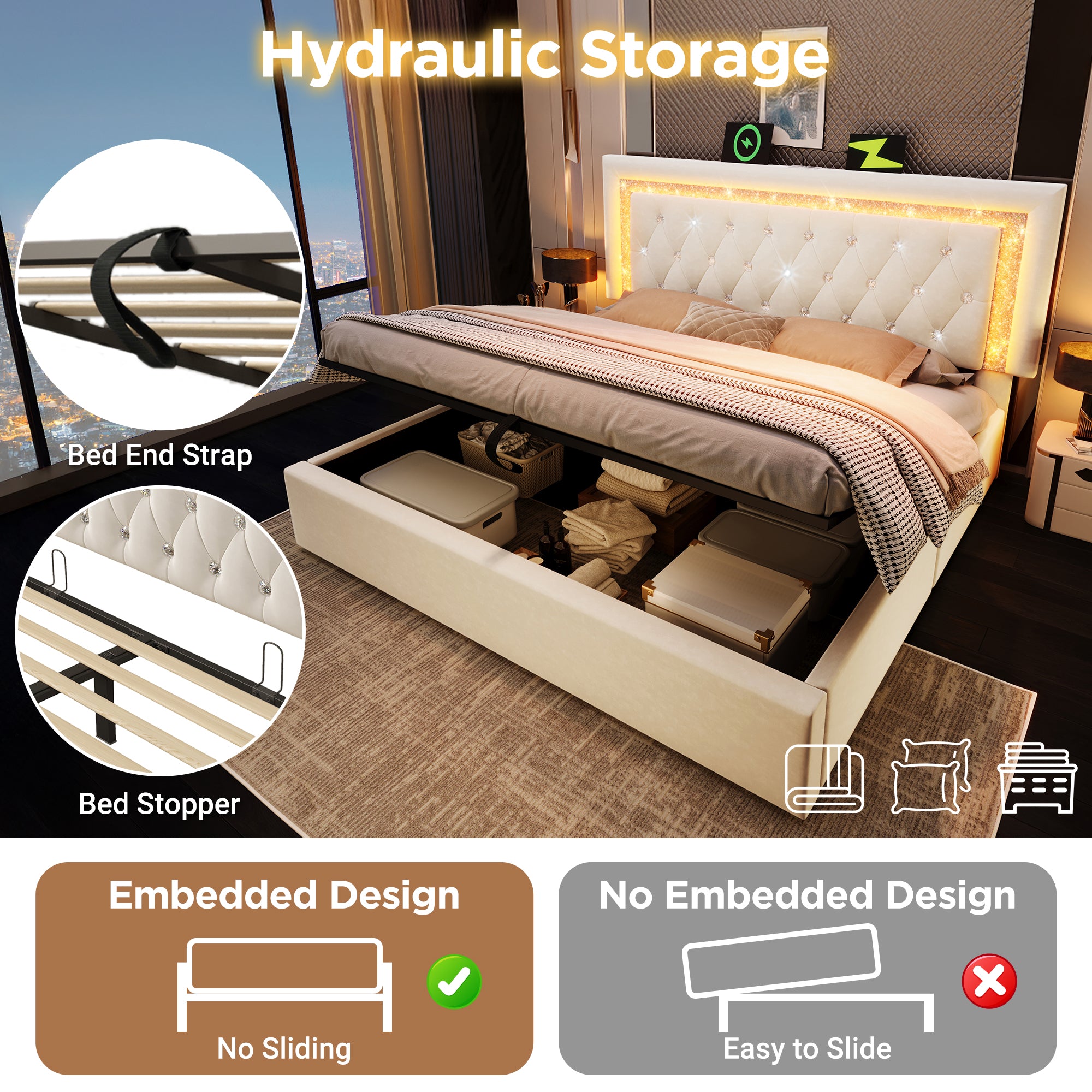 Upholstered Bed 180 X 200 Cm With LED Lighting, USB Type-C Charging, 6ft Hydraulic Storage Bed With Adjustable Diamond Tufted Headboard, Velvet, Beige No Mattress