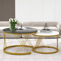 Round Coffee Table, Modern Coffee Table Set Of 2 Marble Pattern Top With Metal Frame, Small Side Table, End Table For Living Room, Bedroom, Home Office, Farmhouse, White And Black