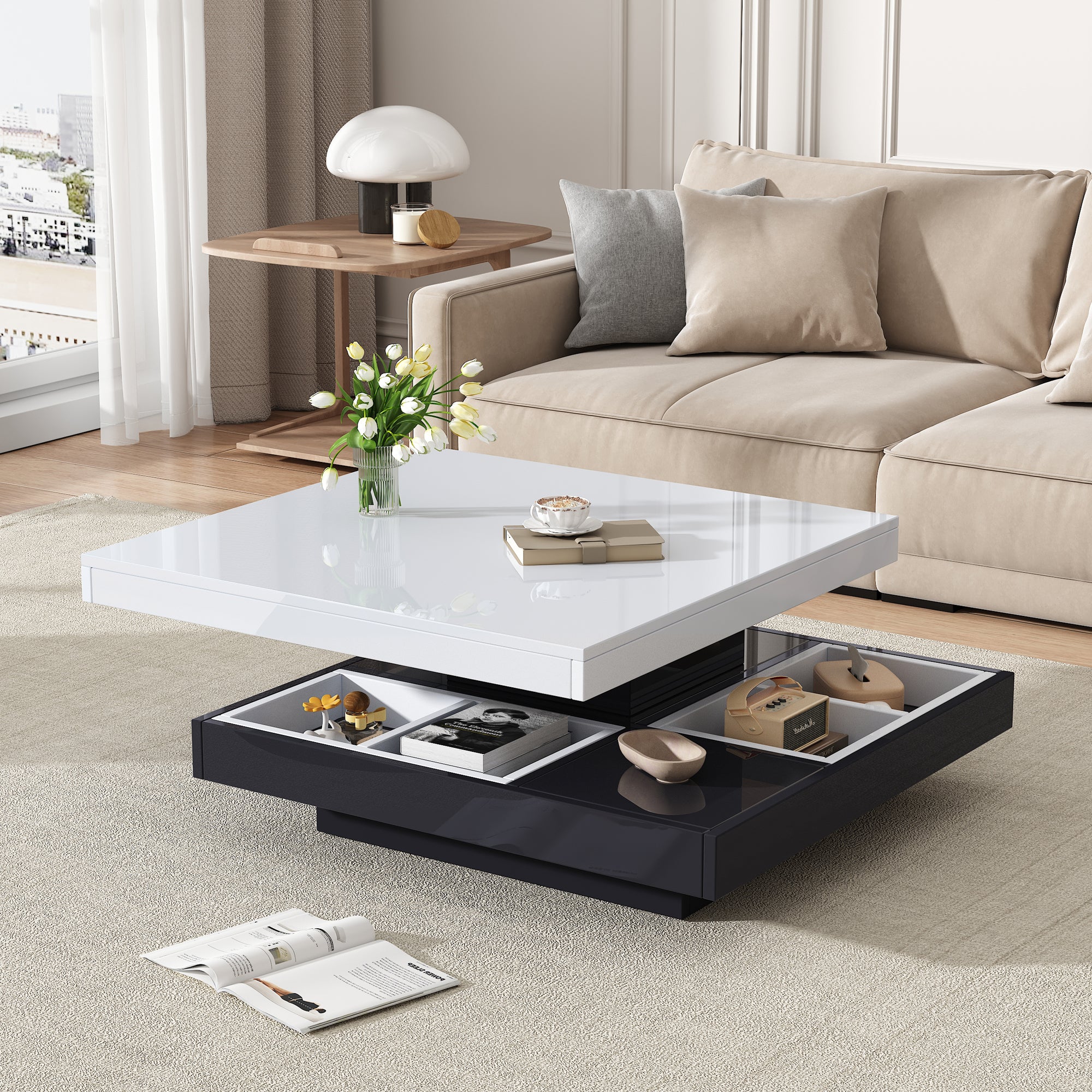 360 Rotating Coffee Table, Fully Functional Living Room Storage Table, High-gloss Tabletop With Storage Compartments, White Black  Living Room Tabletop, Marble-patterned Particleboard