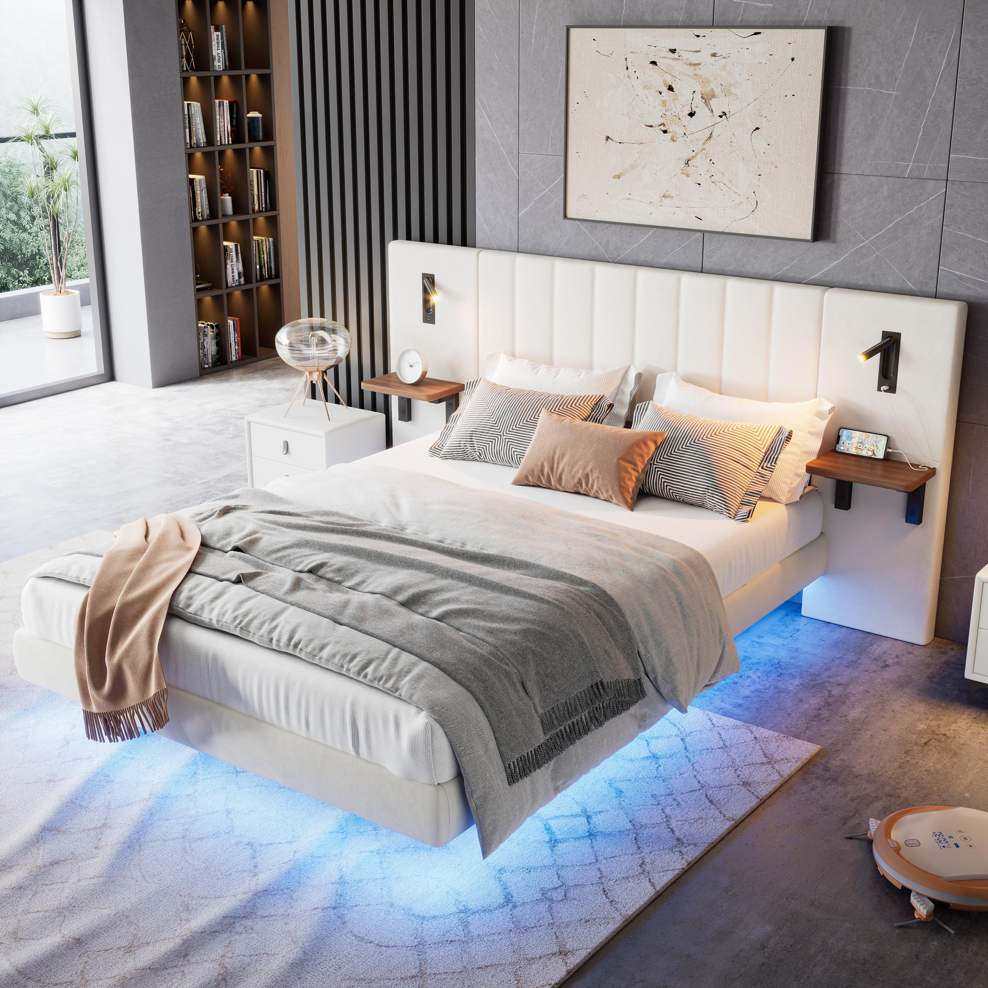 Upholstered Bed, Adults Teenagers King Bed 150x200cm, 2 Bedside Lamps, Headboard Storage Function,  With Charging Socket, With Light Strip Under The Bed,Soft Headboard, Velvet-Iron, White