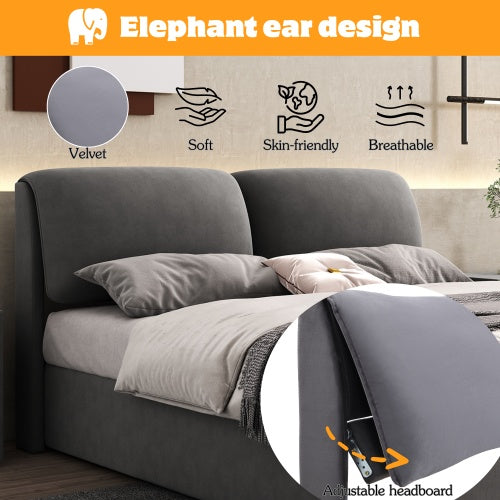 Upholstered Bed,Double Bed-4ft6  135x190cm  Hydraulic Bed, Three Drawers, Bed Box For Storage, Slatted Frame With Headboard, Without Mattress, Velvet, Grey