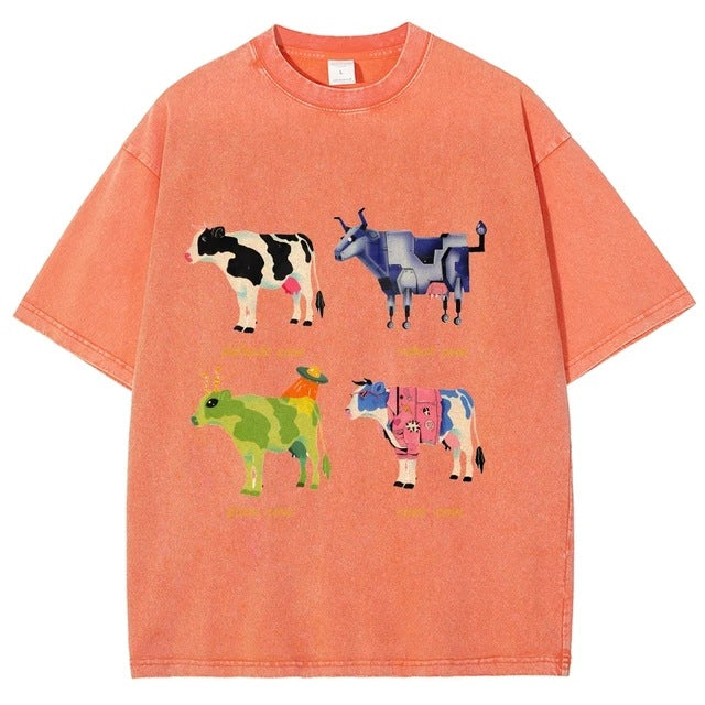 Mens Retro Cotton Funny Cow Streetwear Printed Top