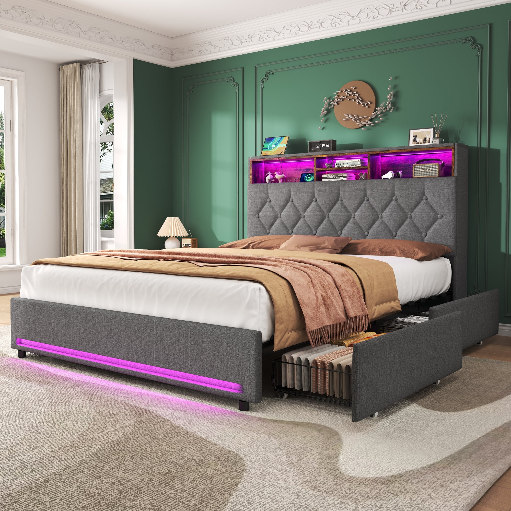 4ft6 Double Bed With 4 Storage Drawers, Bed Frame With Concealed Headboard Storage, Button Tufted Headboard With RGB LED Lighting And Charging Station, Linen, Grey No Mattress