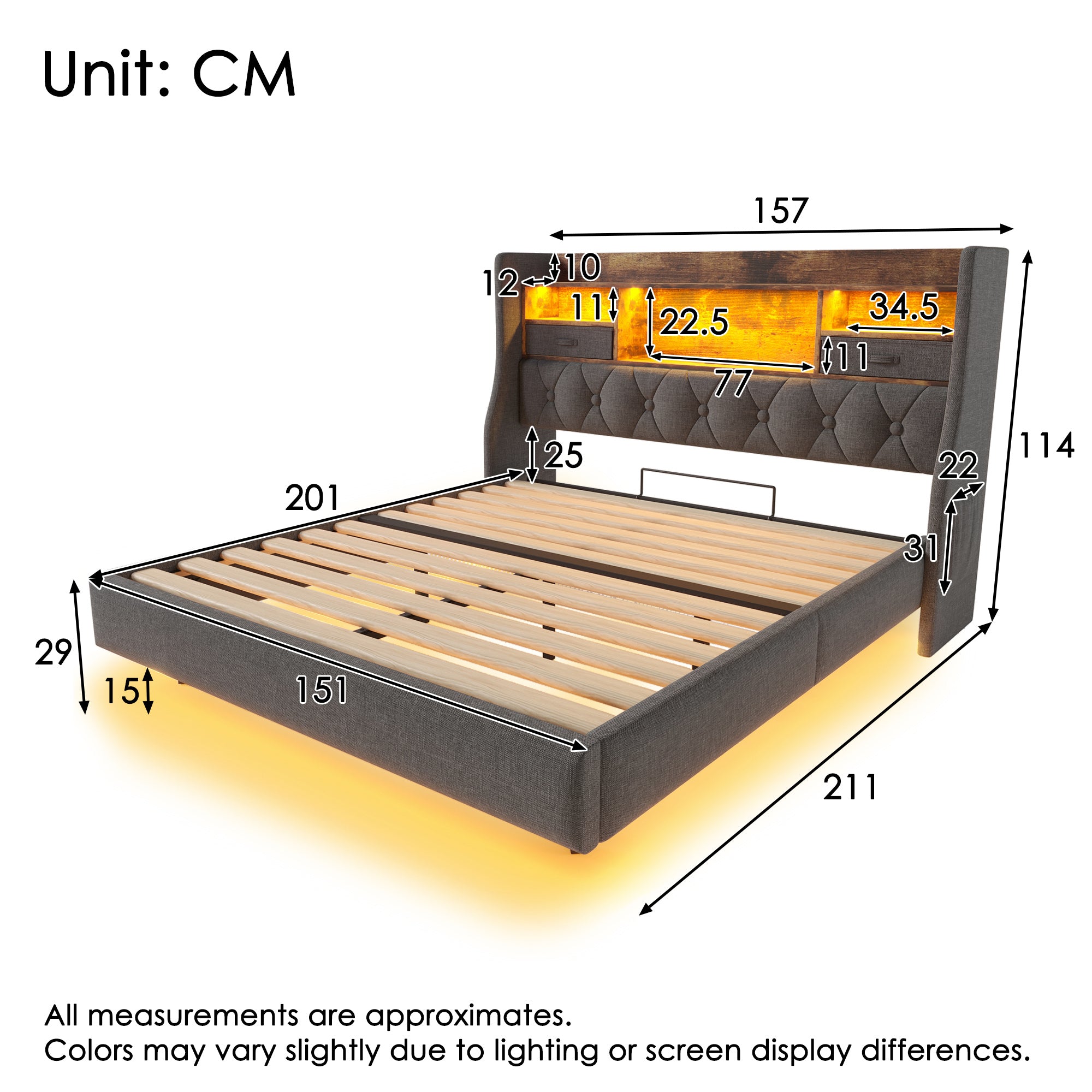 Upholstered Bed 5ft Floating Bed With LED Lighting, USB Type-C Charging, Storage Headboard For Cellphones And Tablets,  150 X 200 Cm King Size Bed With Metal Slatted Frame, Linen, Grey  No Mattress