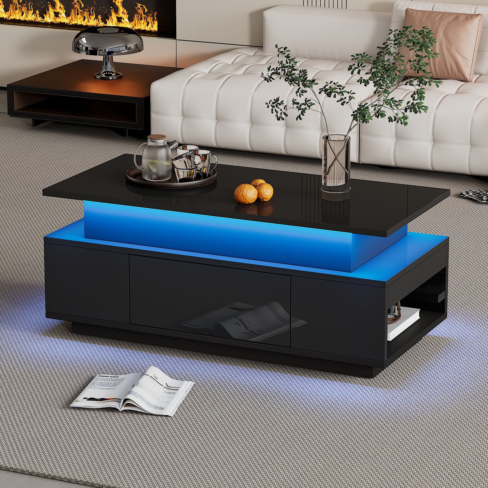 Lift-Top Coffee Table, Highgloss Centre Table With 1 Drawers & LED Lights, Hidden Storage Space, Lifting Sofa Side Table, Space-saving End Table,Tea Table,for Livingroom, Office, 96x45x40m, Black