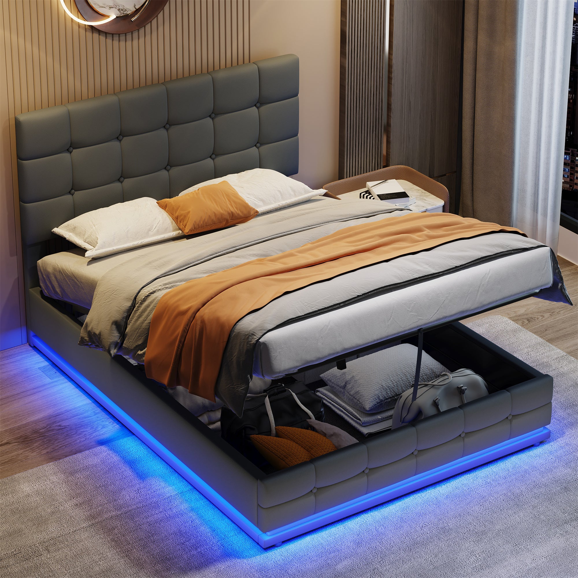 Ottoman Double Bed With LED Lighting, PU Leather Upholstered Bed With Hydraulic Storage, 4ft6 Double Bed Frame With Adjustable Button Tufted Headboard, No Box Spring Needed, Grey  No Mattress