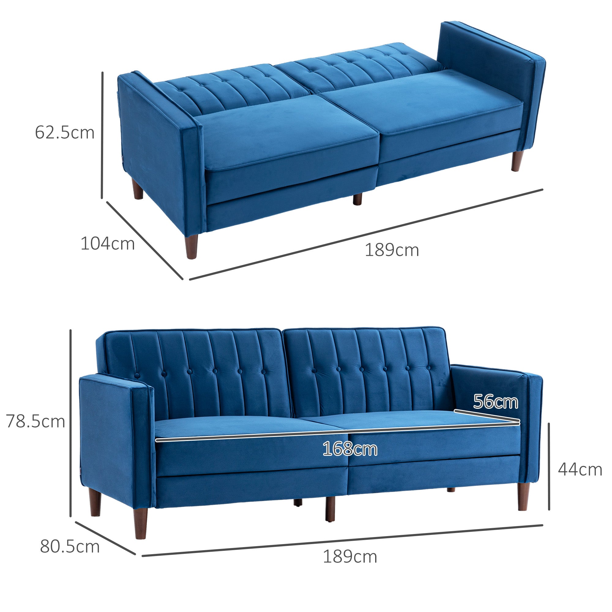 Urban Thrif Velvet-Feel Three-Seater Sofa Bed - Blue