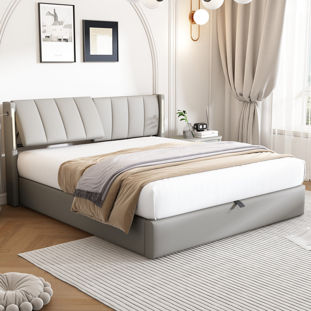LED Upholstered Bed ,King Size Bed-5ft 150X200cm Hydraulic Bed, Rechargeable USB Port In Bed, With LED Lighting, With Storage Space, Adjustable Headboard, PU , Grey