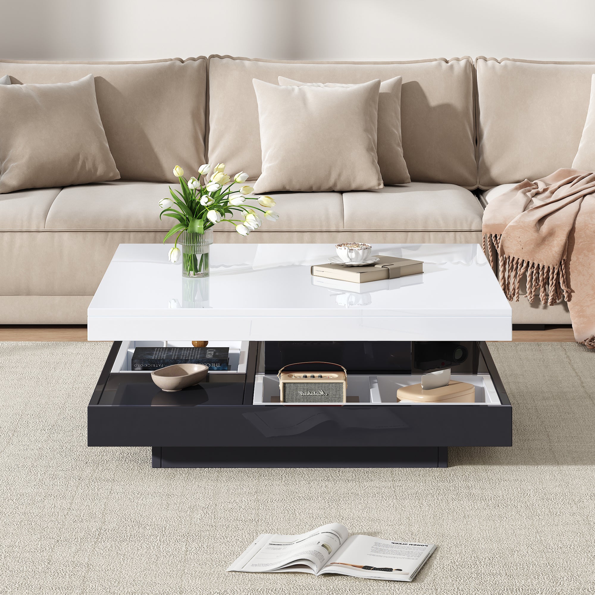 360 Rotating Coffee Table, Fully Functional Living Room Storage Table, High-gloss Tabletop With Storage Compartments, White Black  Living Room Tabletop, Marble-patterned Particleboard