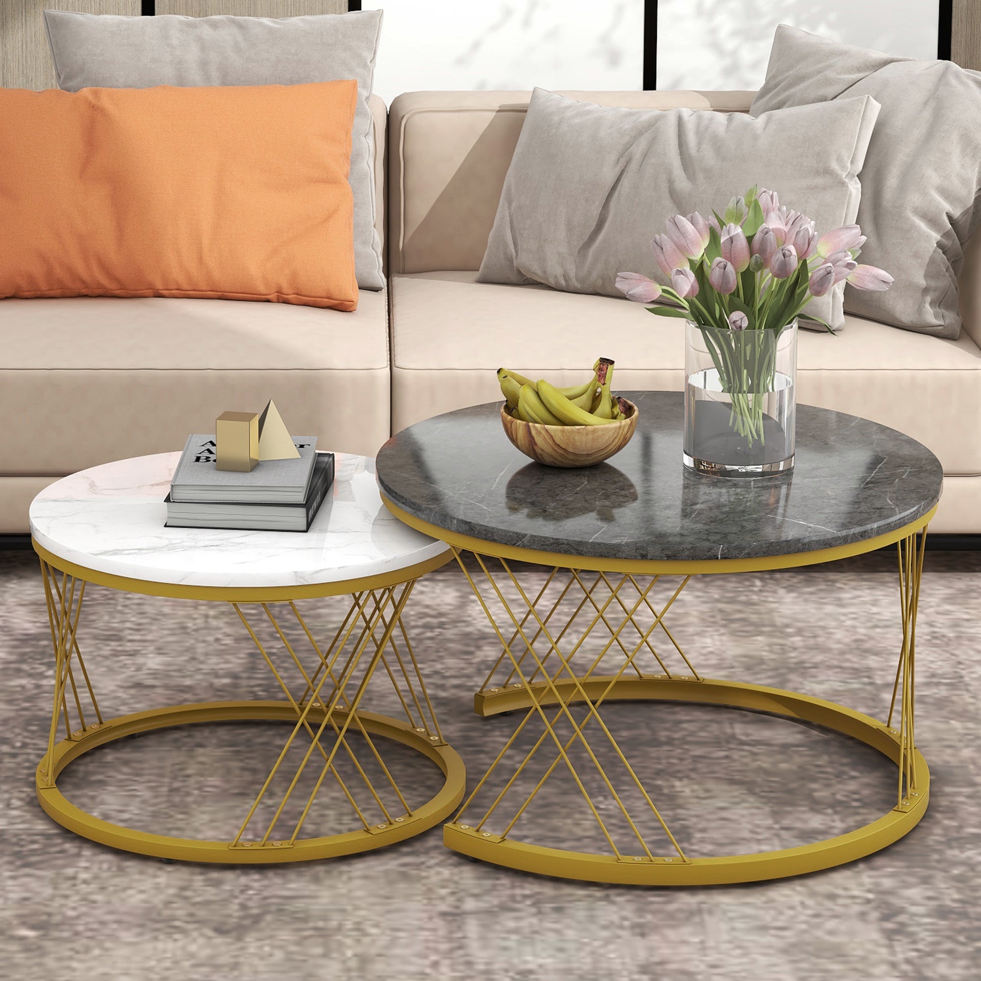 Round Coffee Table, Modern Coffee Table Set Of 2 Marble Pattern Top With Metal Frame, Small Side Table, End Table For Living Room, Bedroom, Home Office, Farmhouse, White And Black