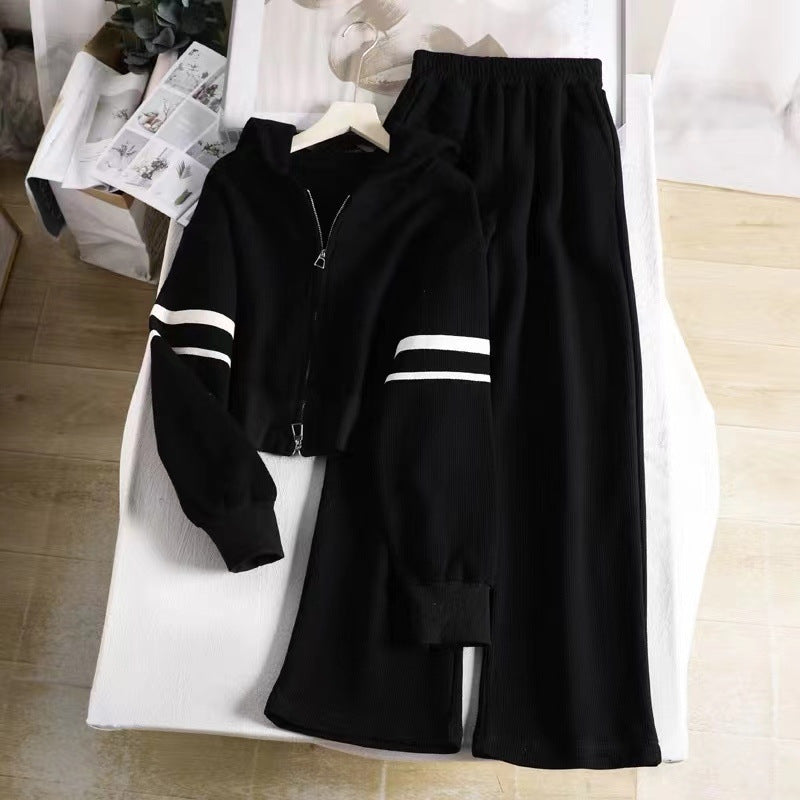 Waffle-knit Hooded Cardigan And Sweatshirt Set For Women