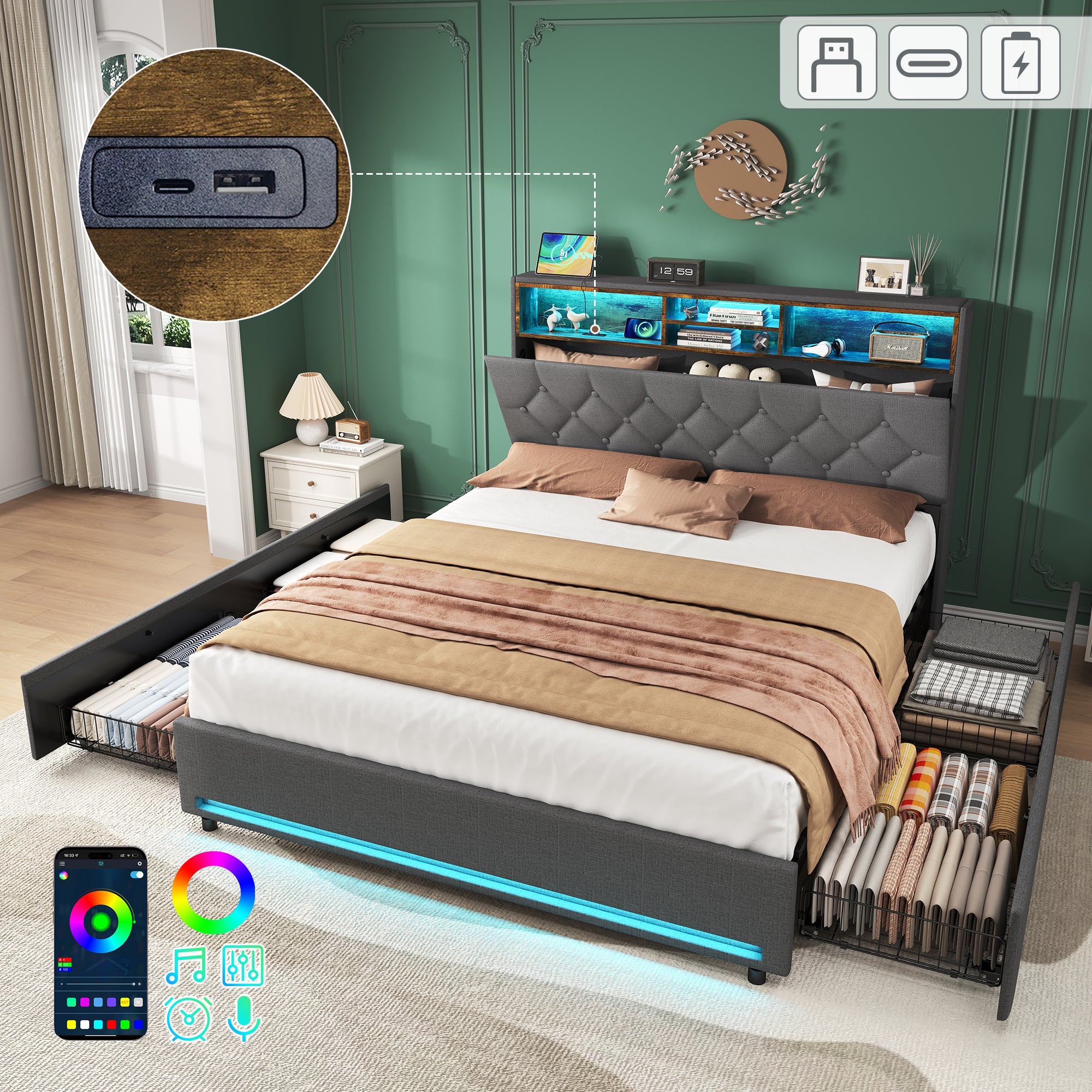 4ft6 Double Bed With 4 Storage Drawers, Bed Frame With Concealed Headboard Storage, Button Tufted Headboard With RGB LED Lighting And Charging Station, Linen, Grey No Mattress