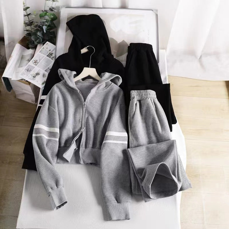 Waffle-knit Hooded Cardigan And Sweatshirt Set For Women
