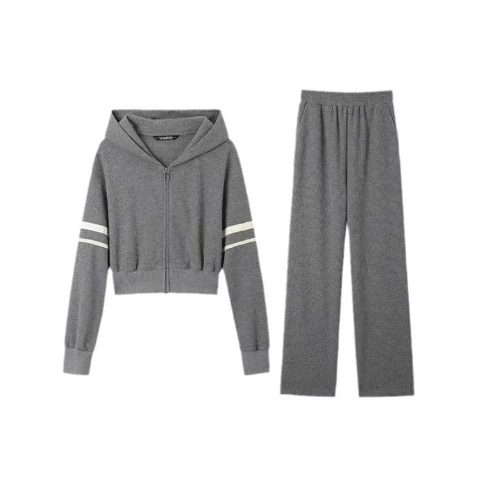 Waffle-knit Hooded Cardigan And Sweatshirt Set For Women