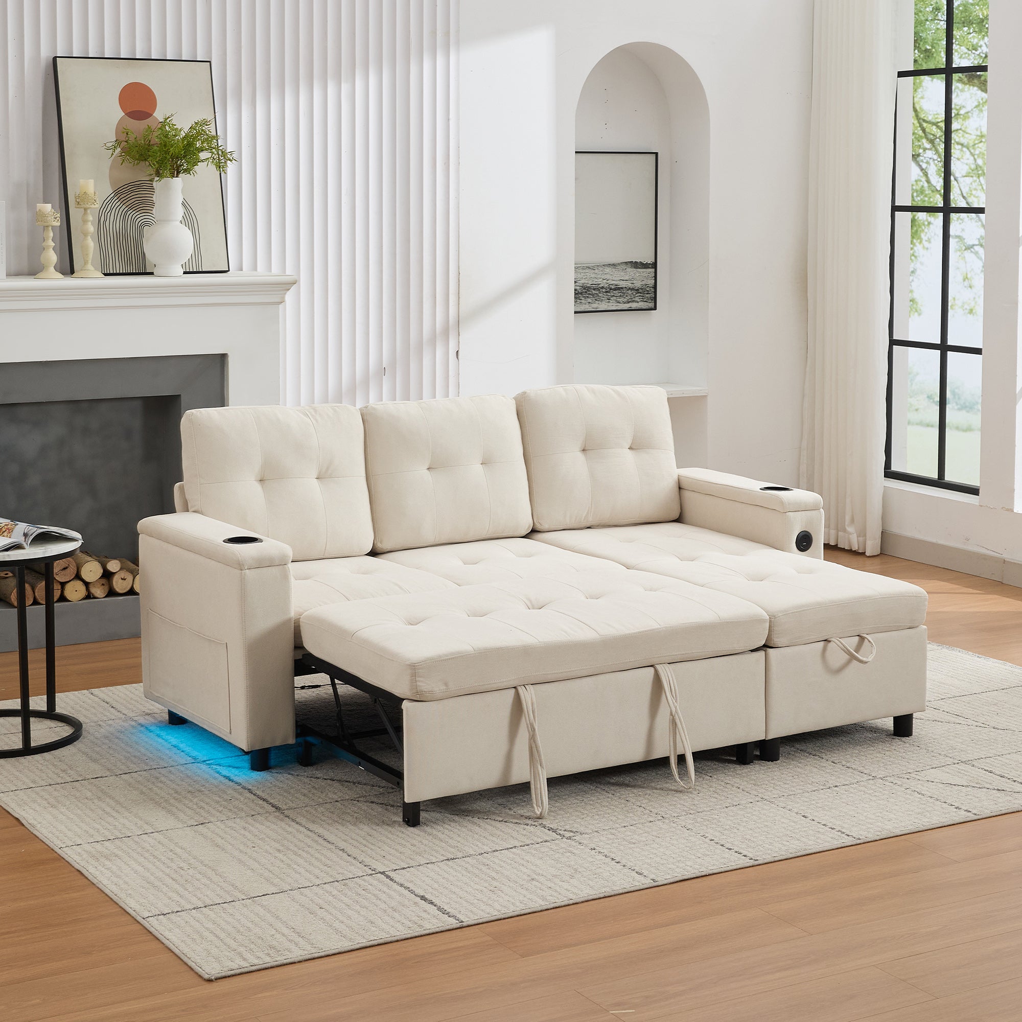 L-Shaped Couch Sofa Bed With Storage, 3 Seater Ll Out Sofa Bed With USB, LED Lights, 2cup Holders, Sectional Corner Sofa With 4 Side Pockets For Apartment Living Room, Office, Beige, 208x146x89.5cm