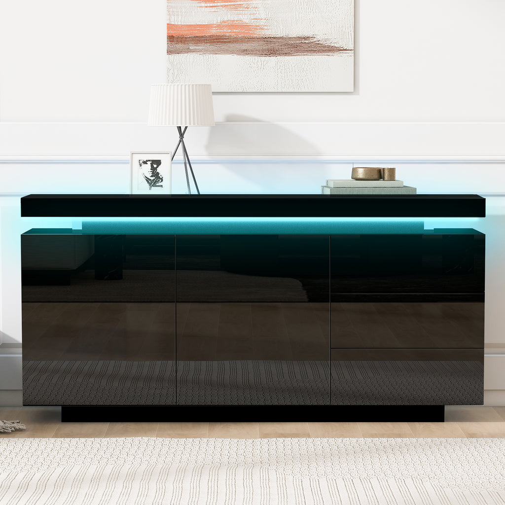 Sideboard With LED Lights, Side Cabinet Standing Cabinet Chest Of Drawers Highboard Sideboard With 2 Doors & 3 Drawers, High Gloss Sideboard For Living Room Dining Room, Black