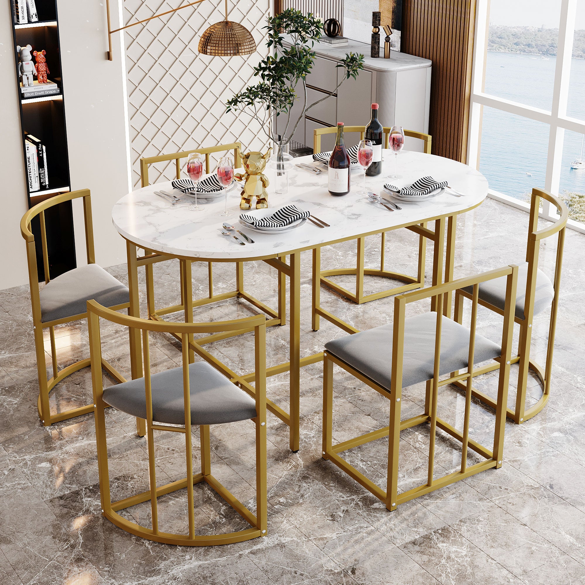 Six-Chair Dining Table Set White Table, Chairs With Backrests And Gray Upholstery, Gold Iron Frame,Dining Room Table And Chair Set,Modern Dining Table Combination