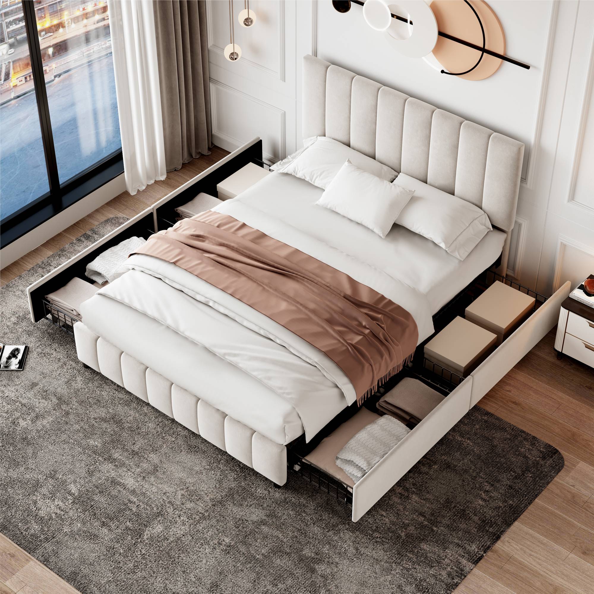 4ft6 Double Upholstered Bed With 4 Storage Drawers, Velvet Platform Bed Frame With Adjustable Channel Tufted Headboard, Metal-Wood Support, No Box Spring Needed, Easy Assembly, Beige  No Mattress