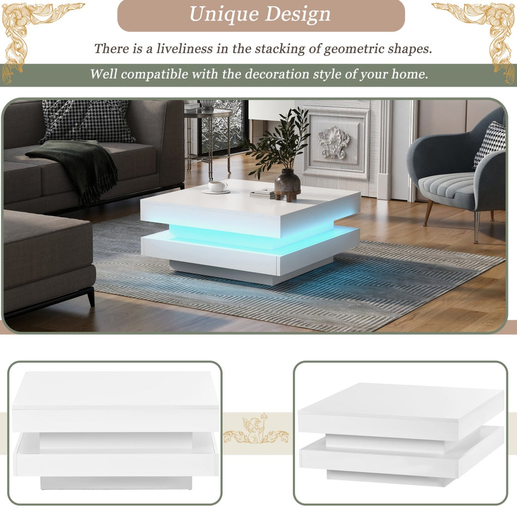 White Square High Gloss Coffee Table With 360 Rotating Top, Tea Table With 16-Color LED Light, 70x70x36 Cm