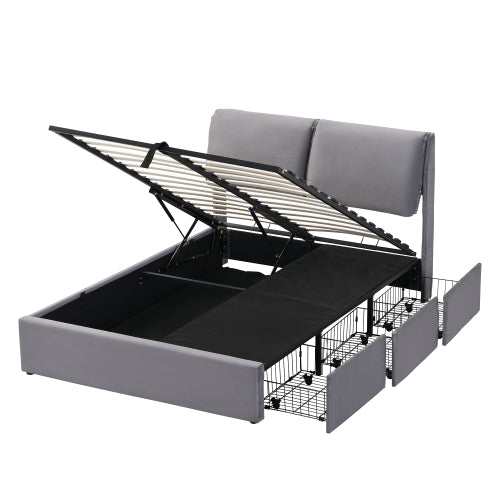 Upholstered Bed,Double Bed-4ft6  135x190cm  Hydraulic Bed, Three Drawers, Bed Box For Storage, Slatted Frame With Headboard, Without Mattress, Velvet, Grey