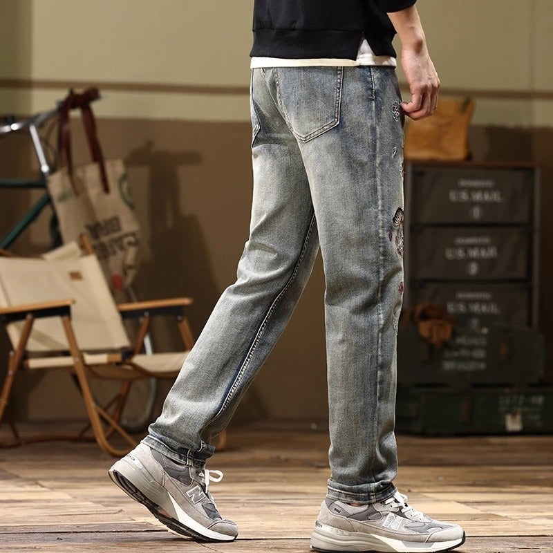 Mens Embroidered Straight-Fit Stretch Denim Jeans