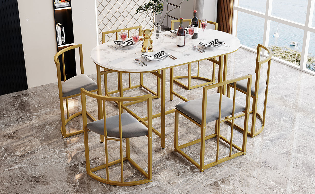 Six-Chair Dining Table Set White Table, Chairs With Backrests And Gray Upholstery, Gold Iron Frame,Dining Room Table And Chair Set,Modern Dining Table Combination