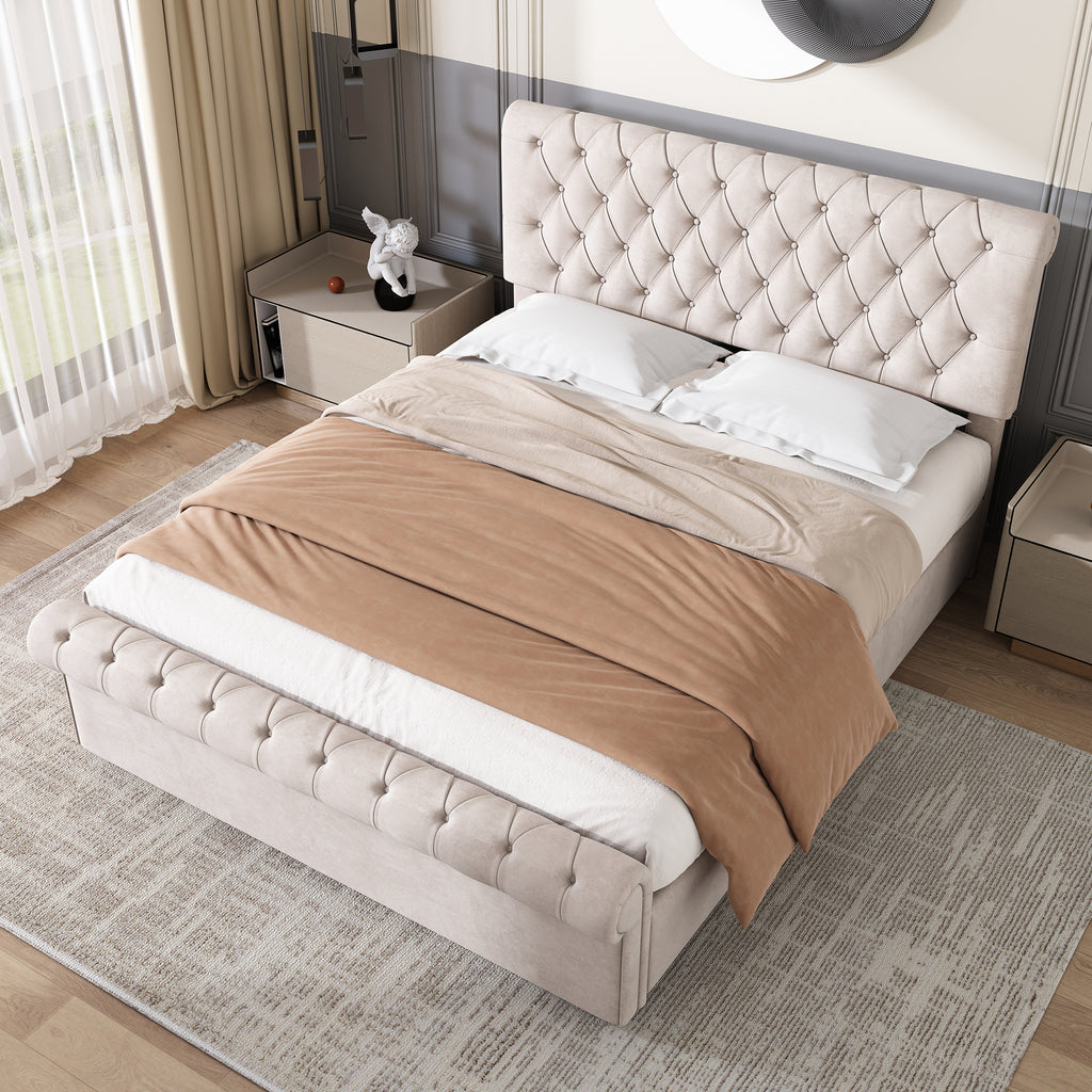 Upholstered Bed 5ft,150x200, 5ft King Bed, Luxurious Velvet Button-Tufted Sleigh Bed Storage, Functional Bed With Slatted Frame And Storage, Beige
