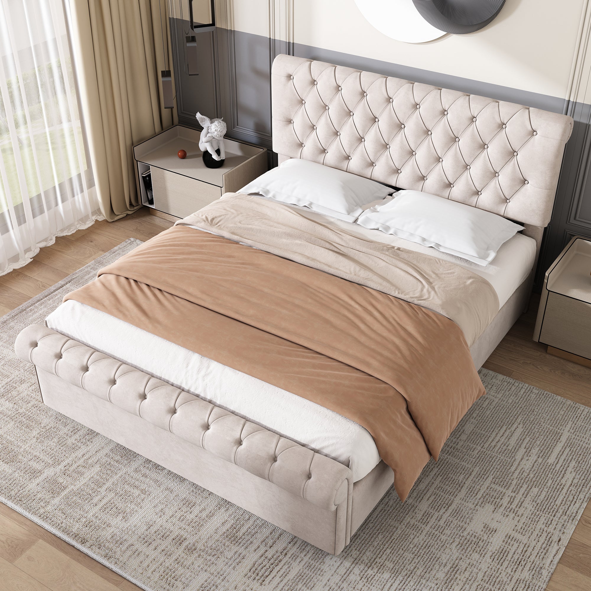 Upholstered Bed 5ft,150x200, 5ft King Bed, Luxurious Velvet Button-Tufted Sleigh Bed Storage, Functional Bed With Slatted Frame And Storage, Beige