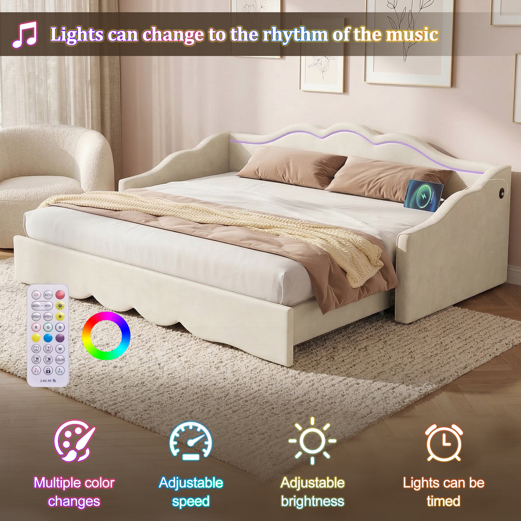 Upholstered Daybed, Sofa Bed, 90x190 Cm, Extendable To 180 Cm, With LED Lighting And USB Port, Beige Velvet
