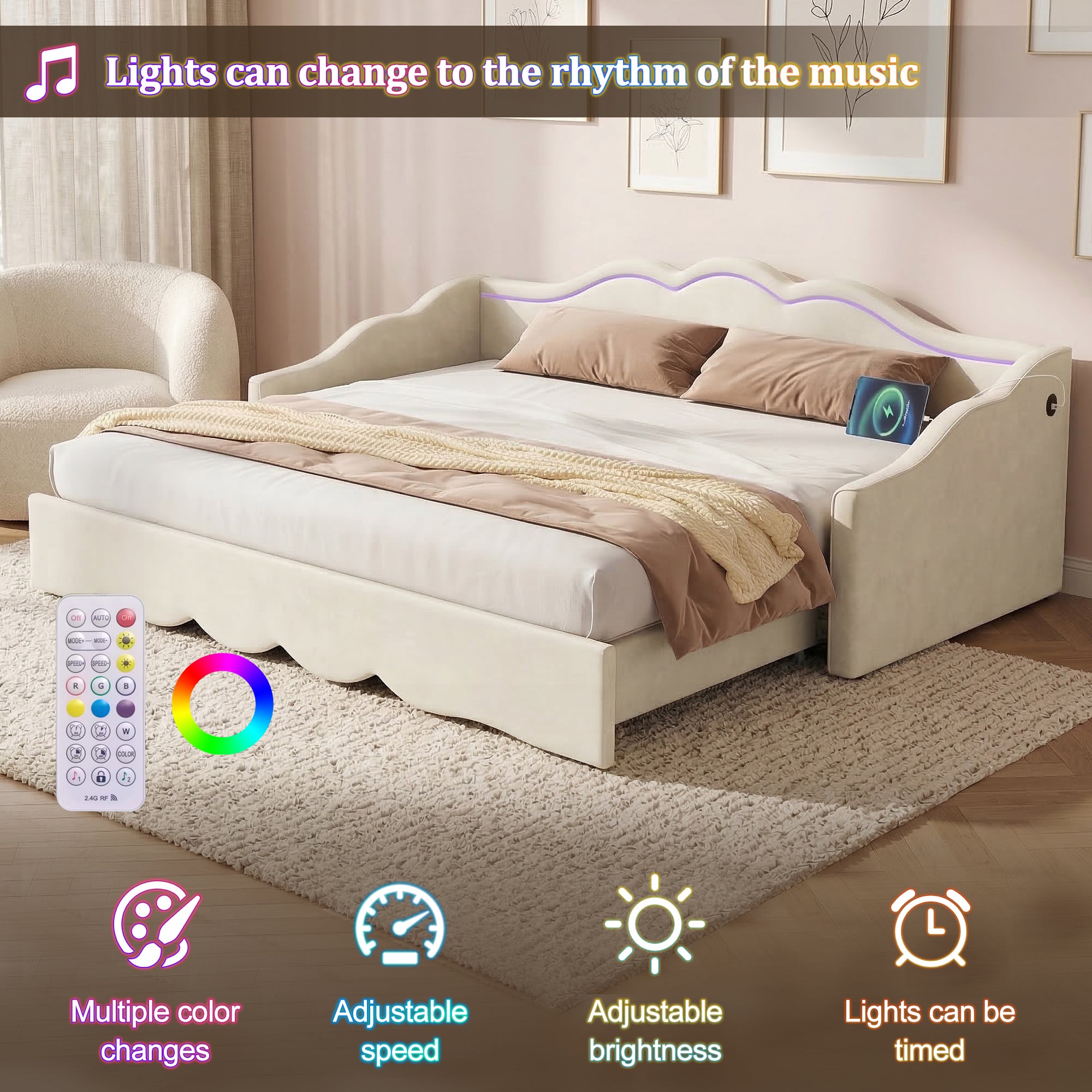 Upholstered Daybed, Sofa Bed, 90x190 Cm, Extendable To 180 Cm, With LED Lighting And USB Port, Beige Velvet