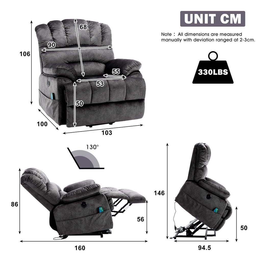 Electric Power Lift Recliner Chair Sofa With Massage And Heat For Elderly, 2 Side Pockets, USB Ports